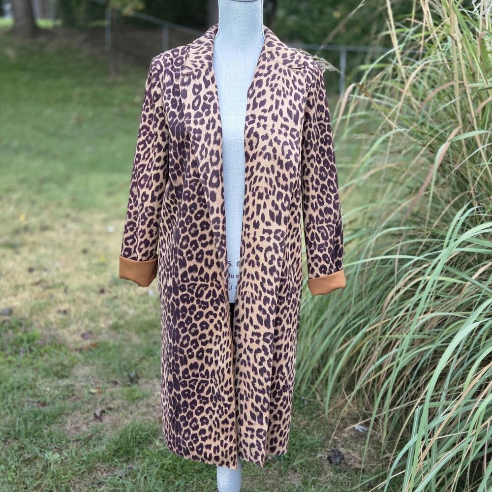 Zara Leopard Faux Suede Duster Jacket M Long Open Front Animal Print Coat - Picture 3 of 10